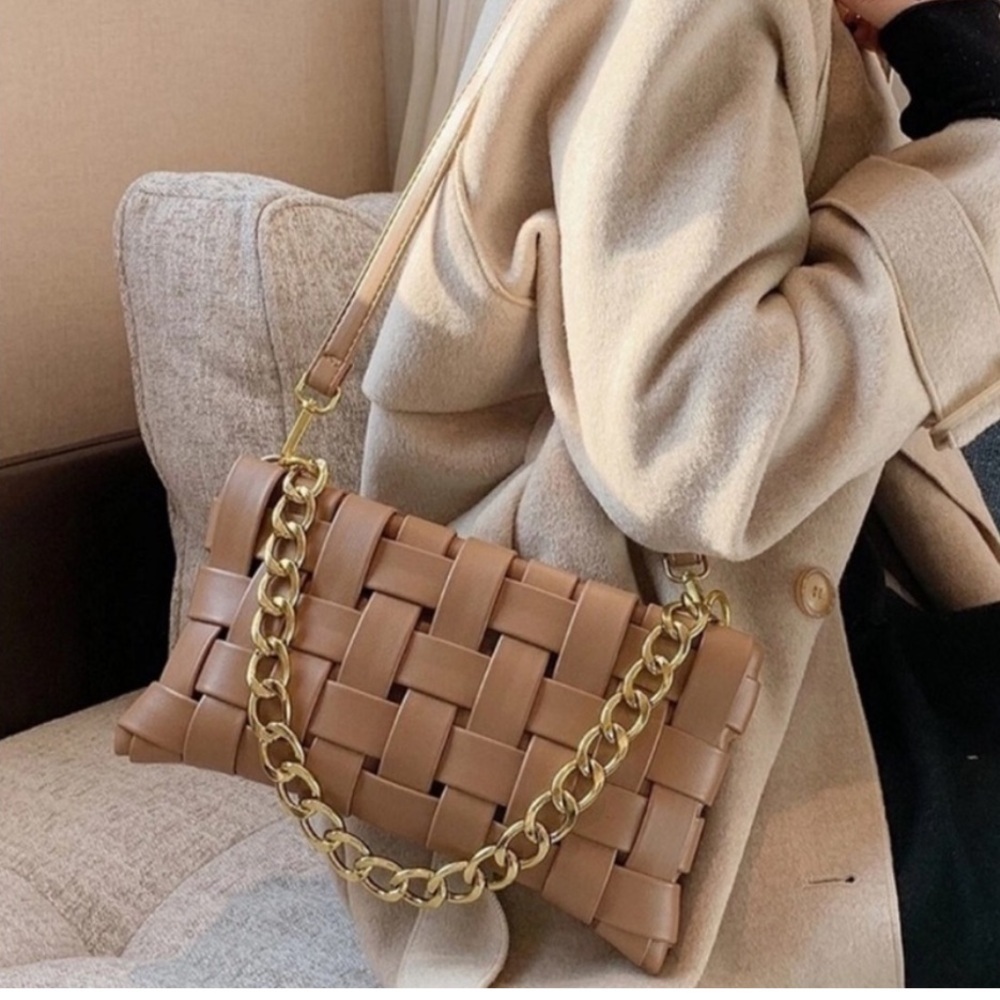 New!Tan SOFT VEGAN LEATHER WOVEN WEAVED SHOULDER BAG